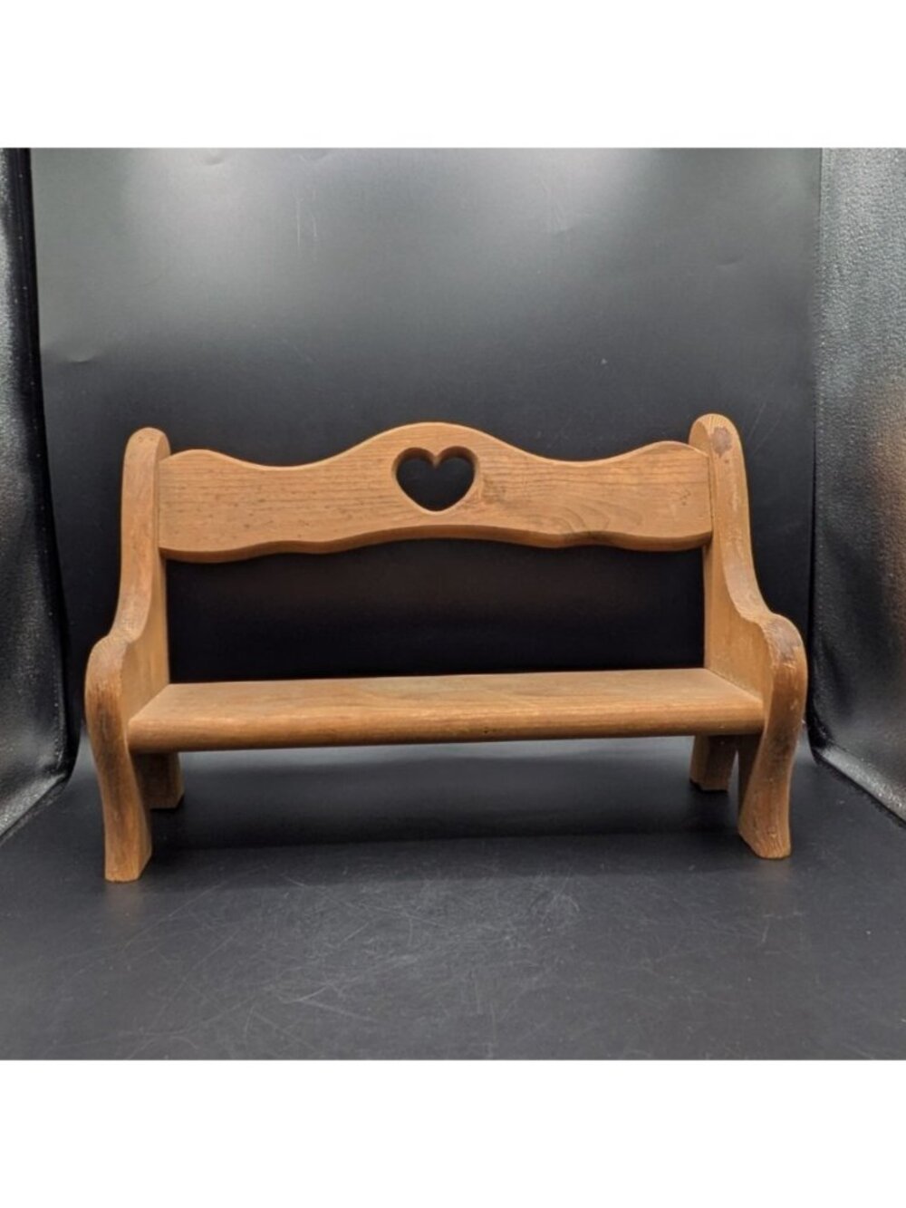 Vintage Wooden Doll Bench Chair Heart Cut Out Plant Stand Trinket Display 14.5"